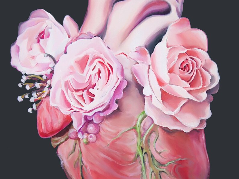 May include: A painting of a human heart with pink roses and green vines growing from it. The heart is painted in a realistic style, with visible veins and arteries. The roses are in full bloom, with delicate petals and a soft pink hue.