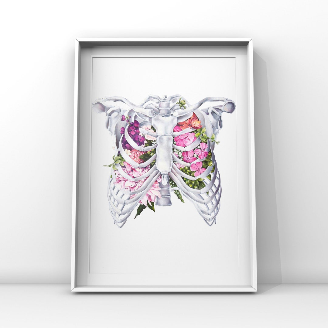 Floral Ribcage White Background Print of Oil Painting - Anatomical Art ...