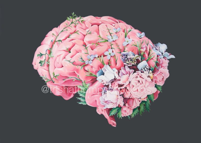 May include: A pink human brain with a floral arrangement of pink, white, and blue flowers growing from it. The flowers are arranged around the brain, covering most of it. The background is a dark gray.