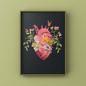 Impressão artística de coração vibrante de pintura a óleo - Impressão anatômica - Corpo humano - Arte médica de flores - Presente de cardiologia