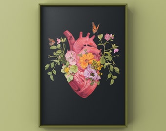 Flutter Heart Art Print of Oil Painting - Anatomical Print - Human Body - Flower Medical Art - Cardiology Gift