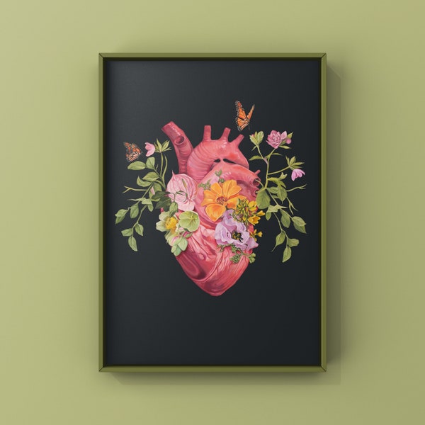 Flutter Heart Art Print of Oil Painting - Anatomical Print - Human Body - Flower Medical Art - Cardiology Gift