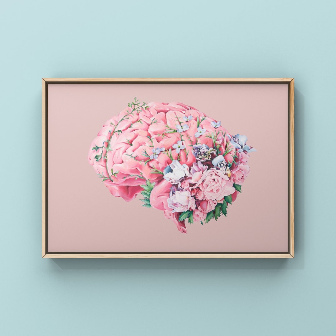 Floral Brain Pink Background Print of Oil Painting - Anatomical Art ...