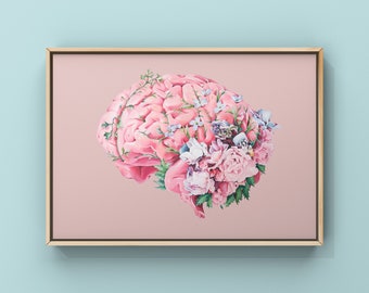 Floral Brain Pink Background Print of Oil Painting - Anatomical Art Print - Human Body - Medical Art