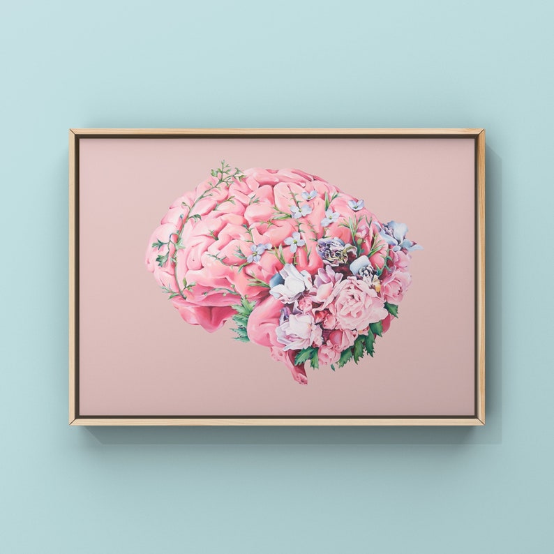 Floral Brain Pink Background Print of Oil Painting Anatomical Art Print Human Body Medical Art image 1