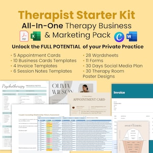 May include: A Therapist Starter Kit with the text "All-In-One Therapy Business & Marketing Pack." Includes appointment cards, business card templates, invoice templates, session notes, worksheets, forms, social media plan, and therapy room poster designs.