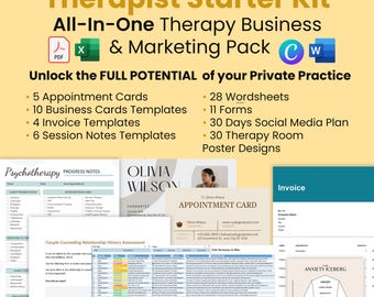 Therapist Business Kit | Intake Forms, Session Notes, Worksheets, Invoices, Social Media Plan & Therapy Posters