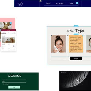 May include: A website layout featuring a navigation bar with a logo and menu options. The page includes sections for a blog, all works, and shop. There are also images and text, including a welcome form and a "Fit Your Type" section.