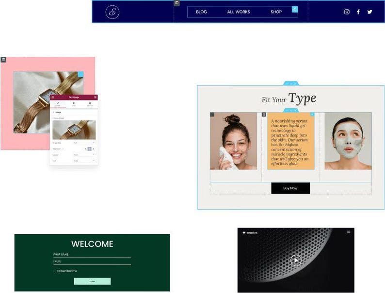 May include: A website layout featuring a navigation bar with a logo and menu options. The page includes sections for a blog, all works, and shop. There are also images and text, including a welcome form and a "Fit Your Type" section.