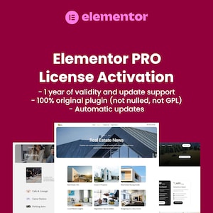 May include: A maroon graphic featuring the Elementor logo and the text "Elementor PRO License Activation." The image details include 1-year validity, update support, and automatic updates. Website design examples and real estate news are also displayed.