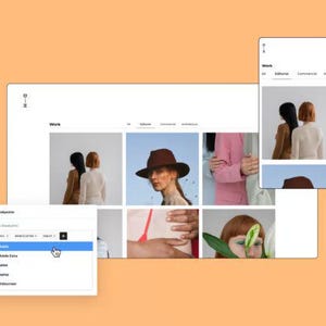 May include: A website design mockup on an orange background. The design showcases a "Work" page with image thumbnails and a mobile view. A dropdown menu shows "Mobile" selected. The design includes images of people.