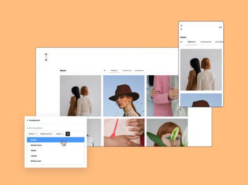 May include: A website design mockup on an orange background. The design showcases a "Work" page with image thumbnails and a mobile view. A dropdown menu shows "Mobile" selected. The design includes images of people.