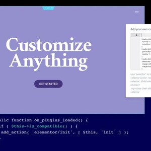 May include: A website interface with the text "Customize Anything" in white, over a purple background. A "Get Started" button is below. A code snippet and a CSS editor are also visible.