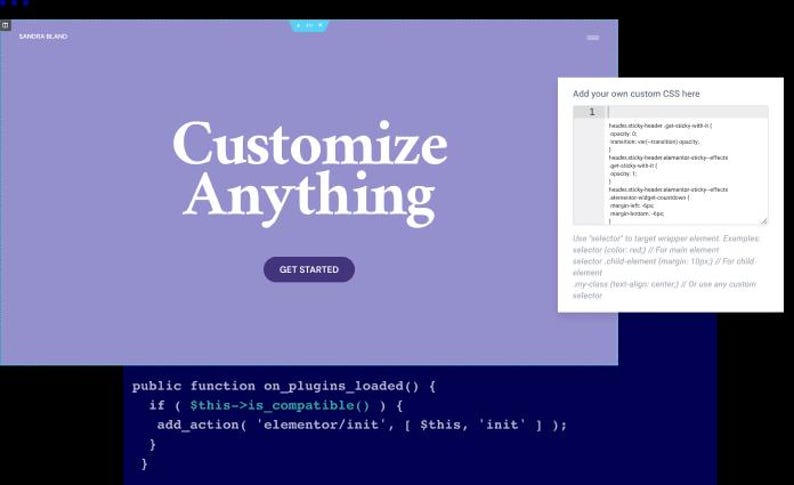 May include: A website interface with the text "Customize Anything" in white, over a purple background. A "Get Started" button is below. A code snippet and a CSS editor are also visible.