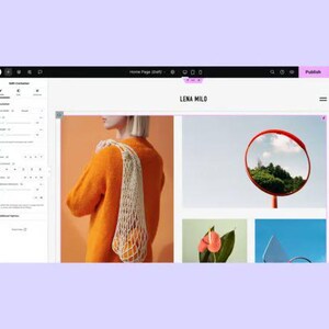 May include: Screenshot of a website design interface with the text "LENA MILO" at the top. The interface displays a woman in an orange sweater with a net bag, a red circular mirror, and other images.