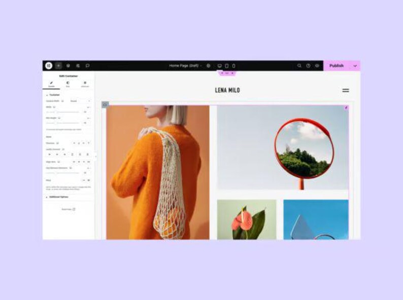 May include: Screenshot of a website design interface with the text "LENA MILO" at the top. The interface displays a woman in an orange sweater with a net bag, a red circular mirror, and other images.
