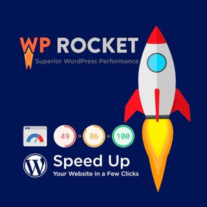 Puede incluir: Gráfico digital con el texto "WP ROCKET" y "Superior WordPress Performance". Se muestra un cohete con aletas rojas y una llama amarilla. La imagen también incluye indicadores de velocidad y el texto "Speed Up Your Website in a Few Clicks."