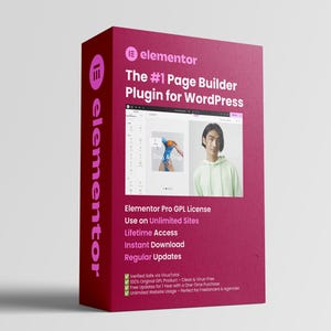 May include: A magenta box with the Elementor logo and text. The text reads "The #1 Page Builder Plugin for WordPress." Additional text includes "Elementor Pro GPL License," "Lifetime Access," and "Instant Download."