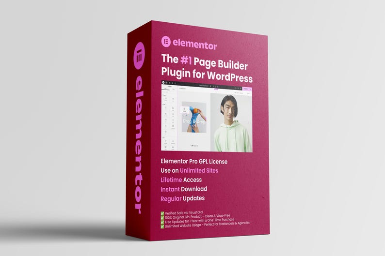 May include: A magenta box with the Elementor logo and text. The text reads "The #1 Page Builder Plugin for WordPress." Additional text includes "Elementor Pro GPL License," "Lifetime Access," and "Instant Download."