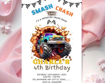 Monster Truck Birthday Invitation, Boy Monster Truck Birthday Invite, Monster Truck Invites, Editable 5x7 Canva Template