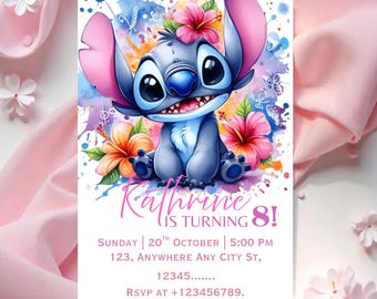 Modello di invito per festa di compleanno a tema Stitch modificabile / Invito per festa di compleanno in piscina a tema Stitch / Invito di compleanno a tema Stitch / Invito di compleanno a tema Cartoon