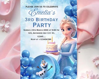 Frozen Birthday Invitation, Elsa & Anna Party invitation, Girl Frozen Birthday Invite Theme, Digital Download, Editable Canva Template