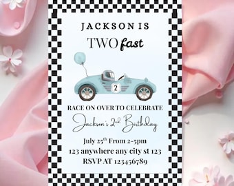 Editable TWO Fast Birthday Invitation Race Car 2nd Birthday Invite Racing Car Vintage Racecar Printable Template Instant Download