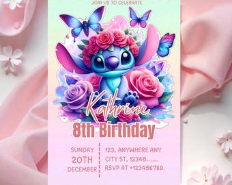 Modello di invito per festa di compleanno a tema Stitch modificabile / Invito per festa di compleanno in piscina a tema Stitch / Invito di compleanno a tema Stitch / Invito di compleanno a tema Cartoon