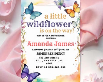 Editable A Little Wildflower Baby Shower Invitation, Baby in Bloom Baby Shower Invite, Spring Flowers Baby Shower Invite