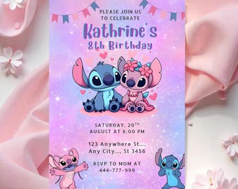 Stitch and Angel Geburtstagseinladung: Bearbeitbare & druckbare Vorlage - Wunderschöne Einladung zum Geburtstag Ihres Kleinen, bearbeitbar in Canva