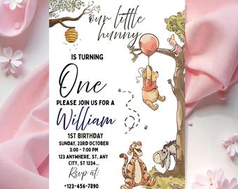 Klassische Winnie the Pooh erste Geburtstagseinladung, bearbeitbare Winnie the Pooh 1st Birthday Party einladen, bearbeitbare und druckbare Einladung