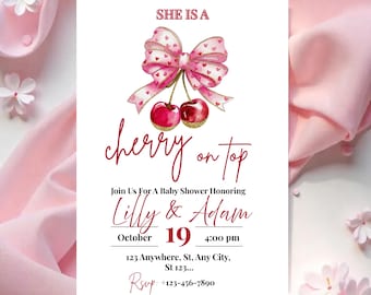 Cherry on top Invitation, Cherry Baby Shower Invite, Editable Baby Shower Invite, Coquette Pink bow berries Minimal Girl Baby Shower
