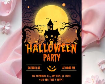 May include: A Halloween party invitation featuring a spooky haunted house silhouette against a full moon. The text "HALLOWEEN PARTY" is in orange, with event details below, including the date, time, and address.