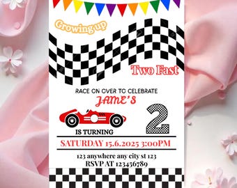 Two Fast Birthday Invitation, Vintage Race Car 2nd Birthday Invitation, Two Fast Birthday Party Invite, Editable Template Canva