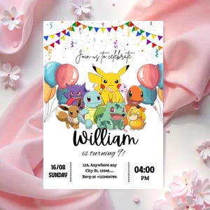 May include: A white invitation card with colorful bunting, balloons, and cartoon characters. The text reads "Join us to celebrate" and "William is turning 9!" with date, time, and RSVP information. The background is a soft pink.