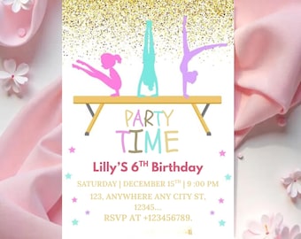 Peut inclure: Une invitation blanche avec une bordure supérieure dorée scintillante et un texte coloré indiquant "PARTY TIME". La carte présente des silhouettes de gymnastique et le texte "Lilly's 6th Birthday". Des détails supplémentaires incluent la date, l'heure et les informations RSVP.