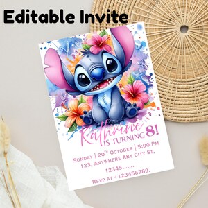 K&ouml;nnte beinhalten: Eine Geburtstagseinladung mit einer Cartoonfigur und bunten Blumen. Die Karte enth&auml;lt den Text "Editable Invite" und Veranstaltungsdetails wie Datum, Uhrzeit und Ort. Die Einladung ist f&uuml;r Katharines 8. Geburtstag.