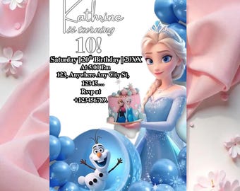 Frozen Birthday Invitation, Elsa & Anna Party invitation, Girl Frozen Birthday Invite Theme, Digital Download, Editable Canva Template