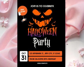 May include: A black Halloween party invitation with orange and purple text. The design includes a jack-o'-lantern face, bats, and the words "Halloween Party." The date is October 31st, with the time from 8:00 PM until midnight.