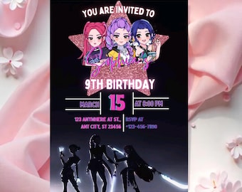 Invito di compleanno modificabile per cacciatori di demoni Kpop, invito per festa K-pop, biglietto digitale a tema BTS, decorazioni per feste di compleanno per i fan dei cacciatori di demoni