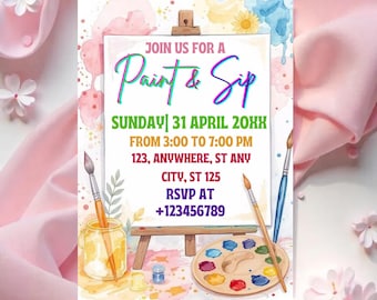 Sip und Paint Partyeinladung, bearbeitbare Paint & Sip Party einladen, Wein und Paint Geburtstag einladen, Digitale Sip und Paint einladen, InstantDownload