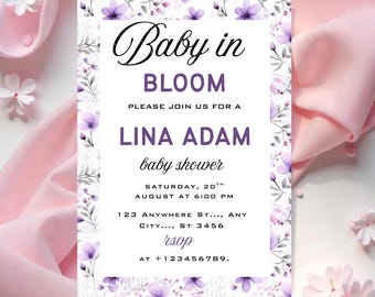 Baby in Bloom Invitation, Butterfly Baby Shower Invitation Girl, Purple Pink Butterflies Wildflower Invite Printable Baby in Bloom Shower
