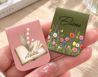 Marcapáginas magnético con la flor de nacimiento y nombre, diseños de flores silvestres y libros, regalo para lectores.