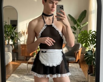 Conjunto de lencería gay de minivestido de malla / Disfraz de sirvienta de encaje para hombres / Conjunto de cosplay ajustado con diadema y gargantilla - Femboy