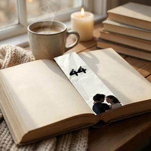May include: An open book with a bookmark featuring a couple embracing. The bookmark has the number "44" written on it. A cup of coffee, a lit candle, and a stack of books are also visible on a wooden surface, next to a window.