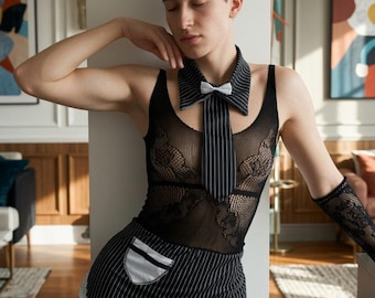 Conjunto de lencería masculina / Minivestido estilo femboy con guantes y medias / Lencería de cosplay para hombres gay