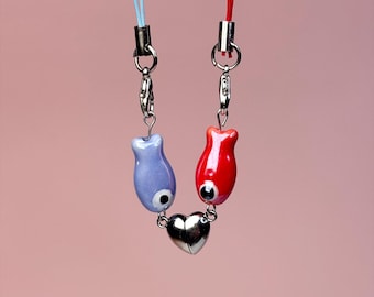Magnetic Fish Keychain Set | Handmade Ceramic Couple Keychains