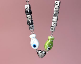 Personalized Ceramic Fish Keychain, Magnetic Heart, Name Beads