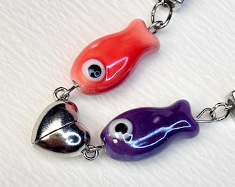 Couple Magnetic Fish Keychain Set, Custom Name Ceramic Charm, Matching Gift for Lovers & Friends