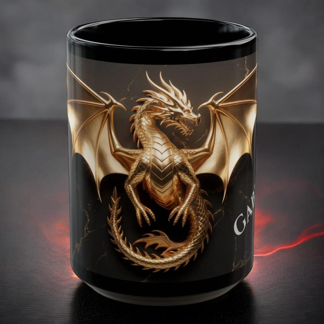 Personalized Gold Dragon Black Mug 15oz | Luxury Fantasy Coffee Cup ...